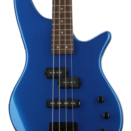 Photo of a Jackson Spectra JS2 Bass Guitar. The bass guitar is a Metallic Blue color.